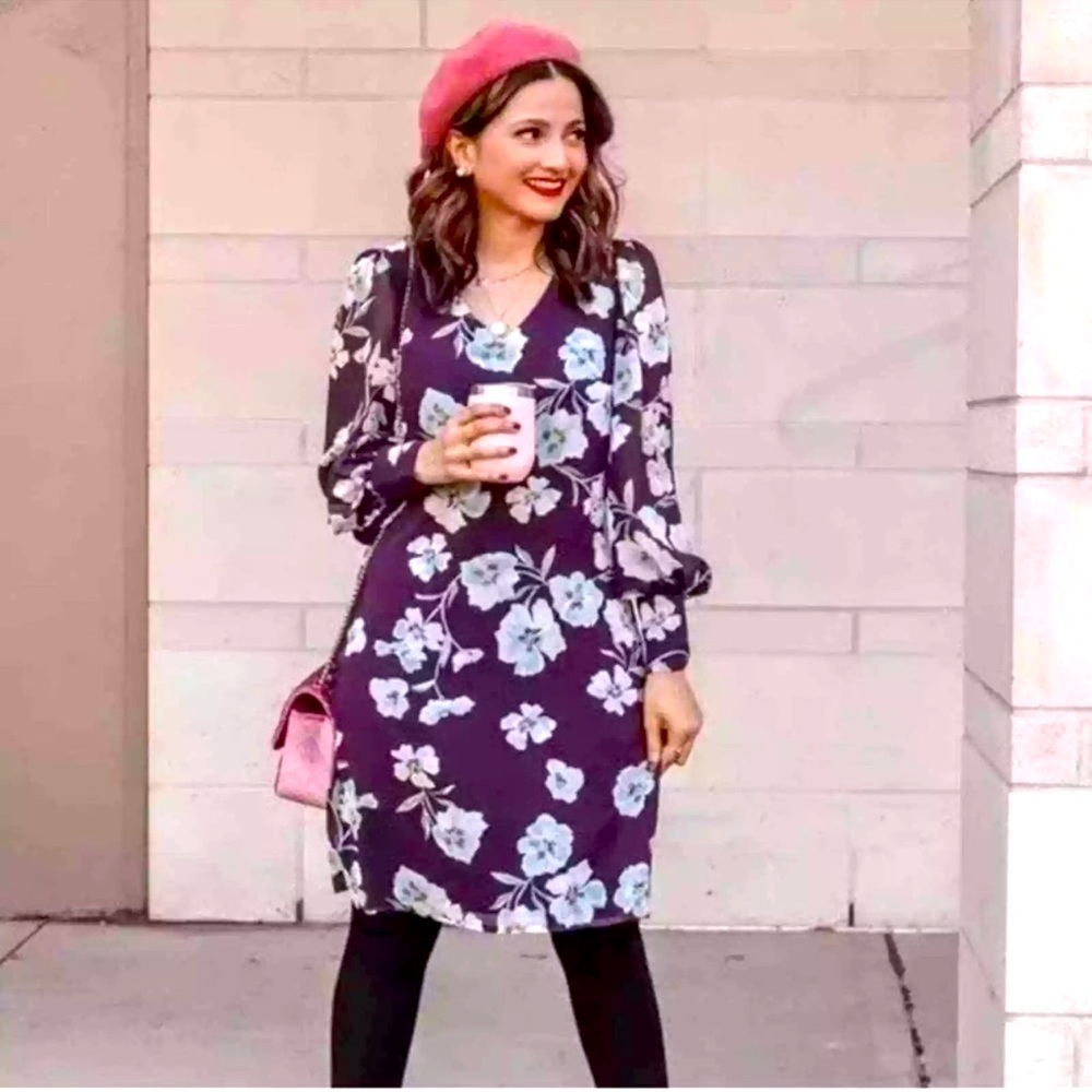CABi Womens Floral Print V-Neck Long Sleeve Ellery Dress